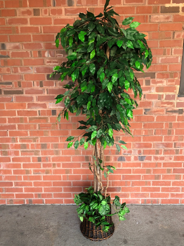 FAUX TREE IN WICKER PLANTER.