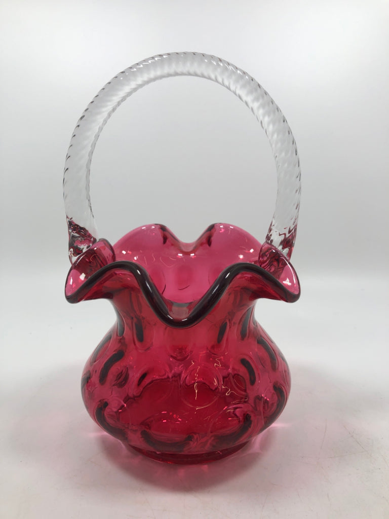 RUFFLED EDGE PINK GLASS BASKET.