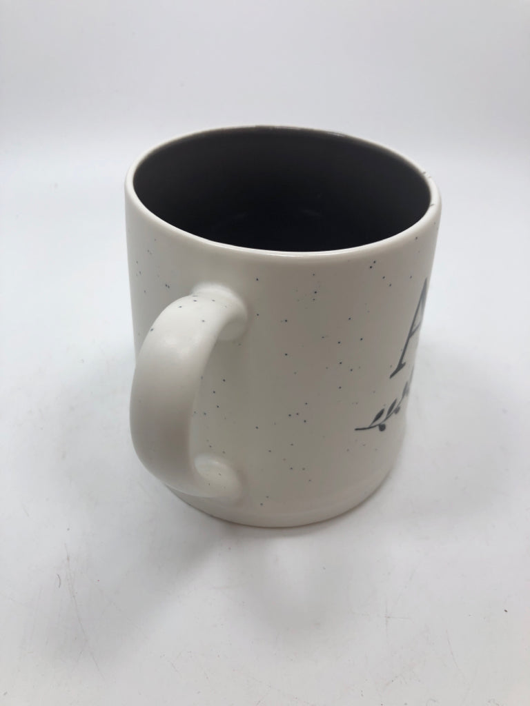 WHITE SPECKLED "A" MUG.