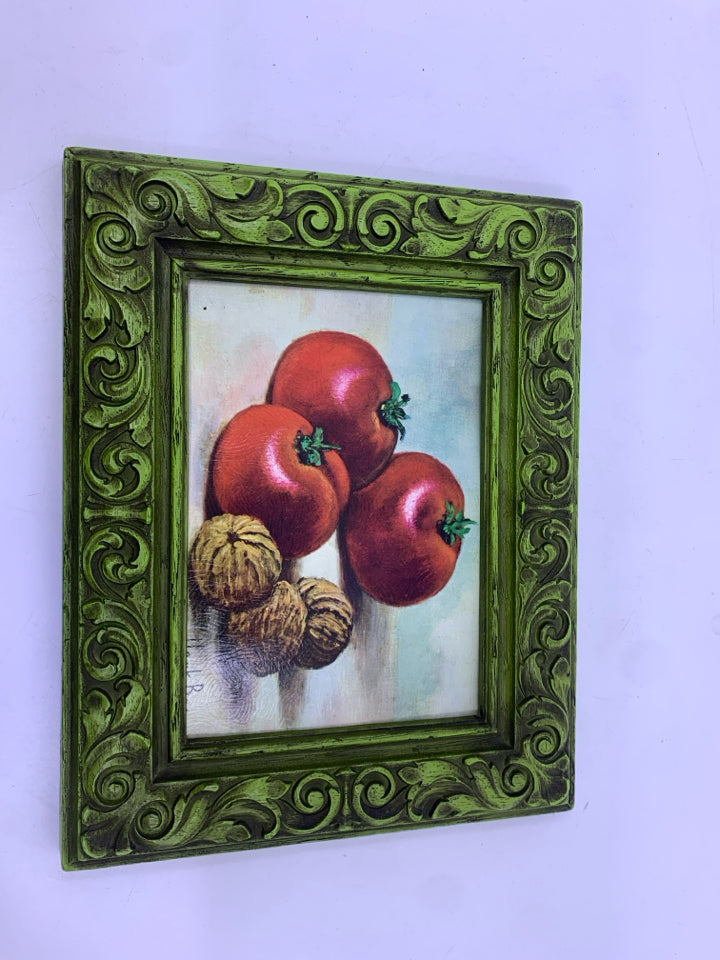 VTG TOMATOES AND WALNUTS IN GREEN SCROLL FRAME WALL HANGING.