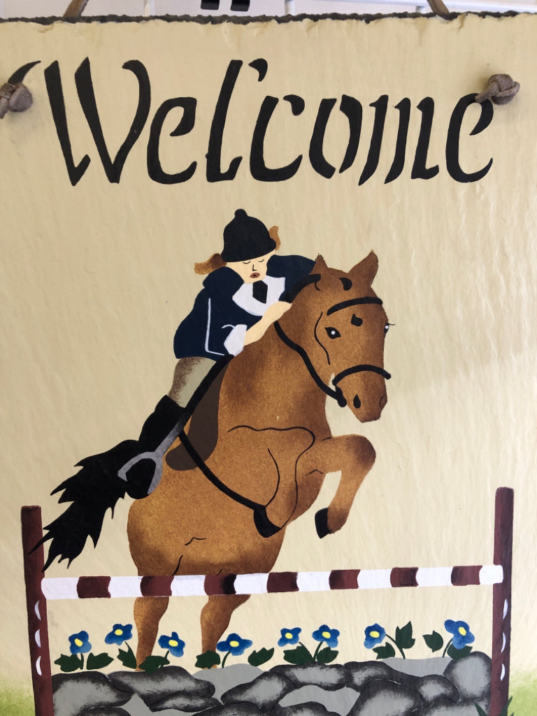 WELCOME SLATE W/ HORSE RIDER WALL HANGING.