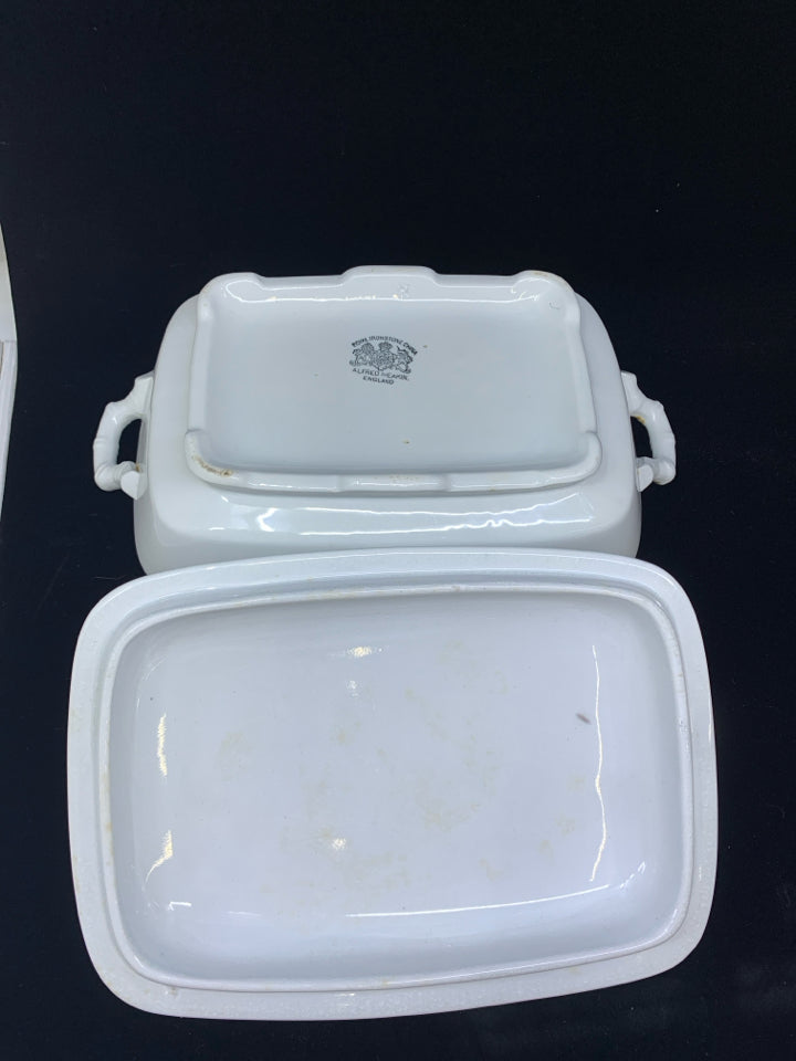 SMALL WHITE CASSEROLE DISH W HANDLES AND LID- ROYAL IRONSTONE CHINA.