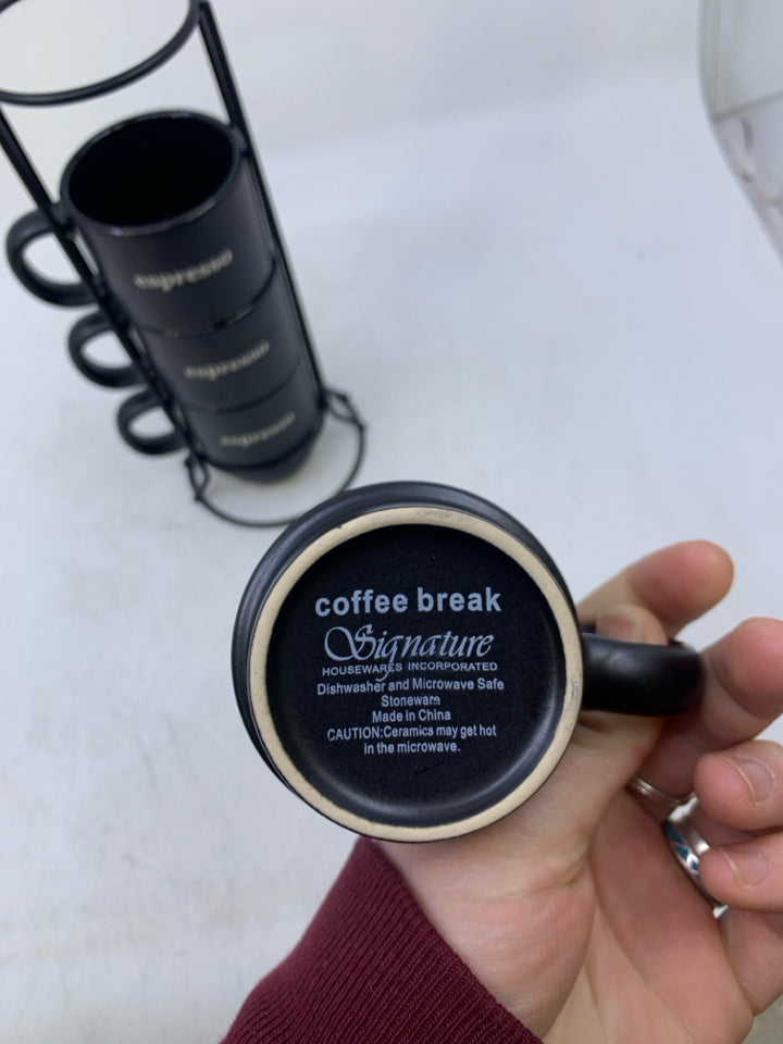 4 MATTE BLACK ESPRESSO MUGS IN METAL STAND.