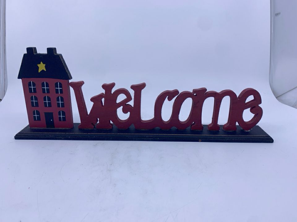 PRIMITIVE WELCOME SIGN W RED HOUSE.