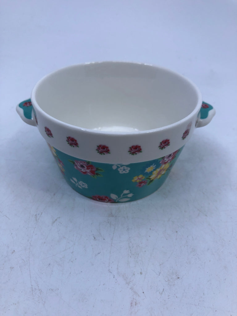 2 MINI CROCKS W/ TEAL COLORFUL FLOWERS.