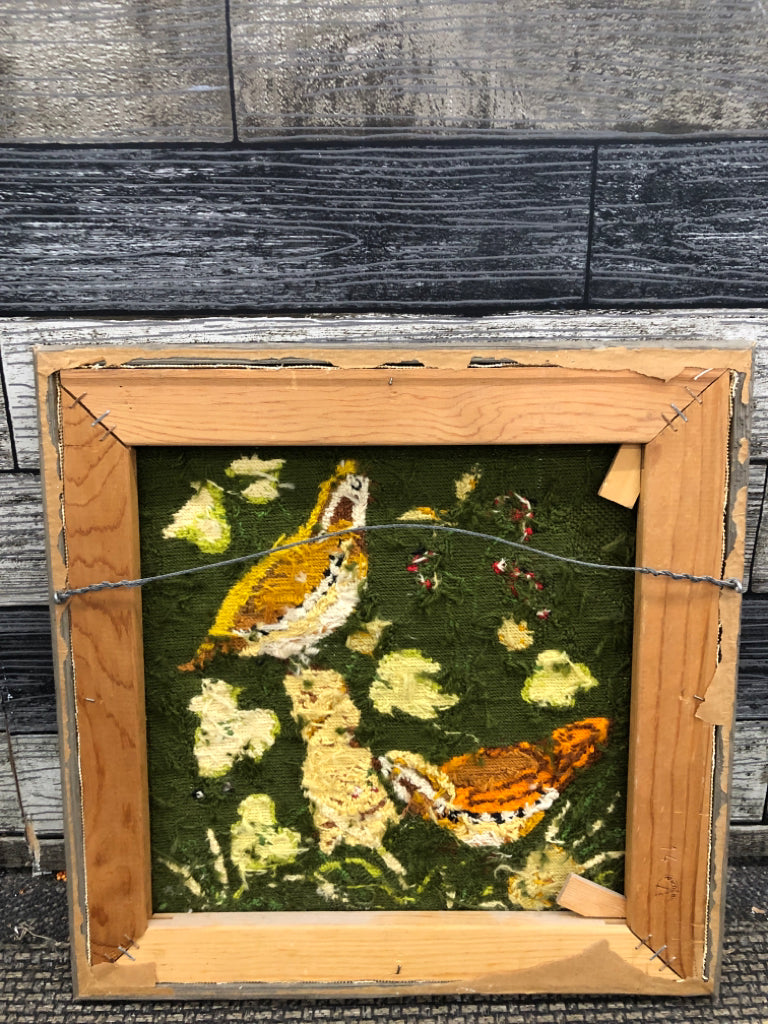 VTG ORANGE BIRD FRAMED NEEDLEPOINT.