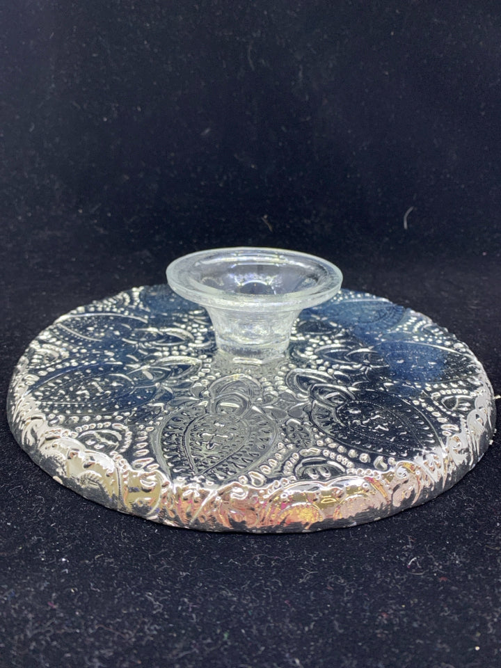 SLIVER GLASS ORNATE SERVER ON PEDESTAL.