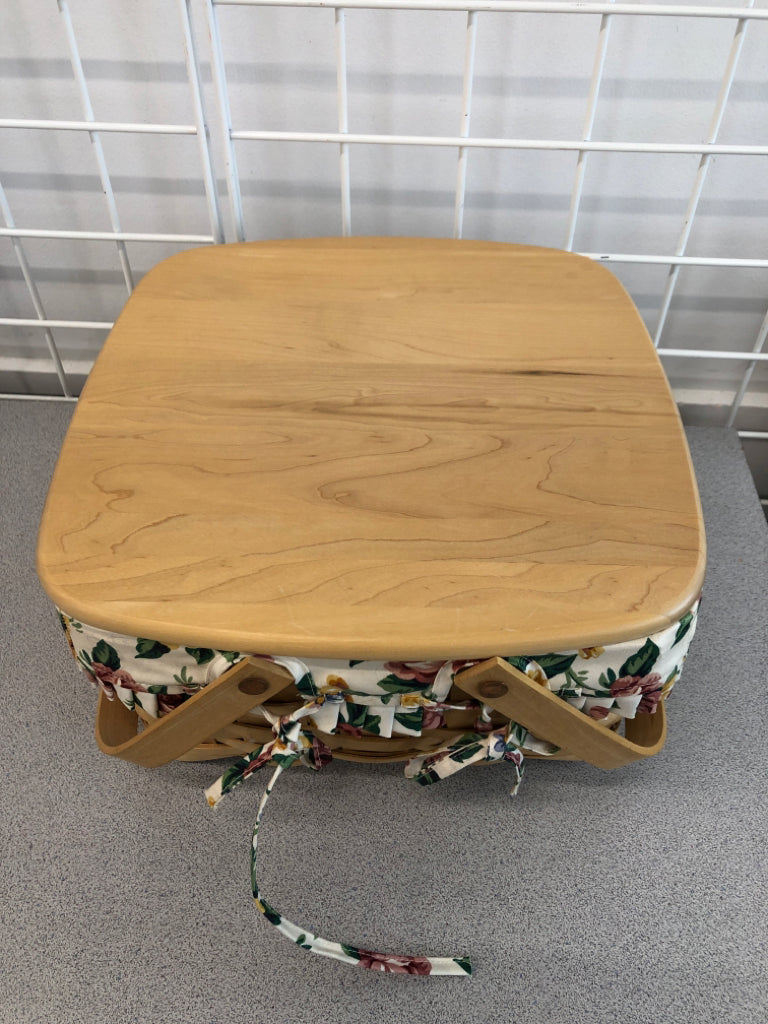 FLORAL LINED LONGABERGER BASKET W/STAND & COVER.