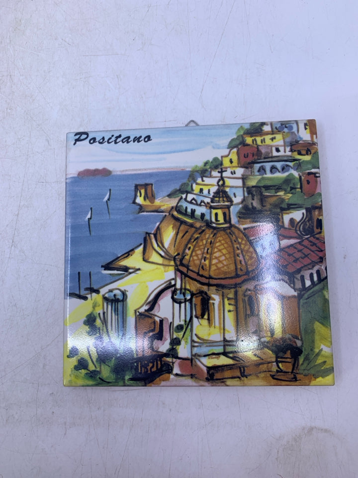 TERRA COTTA TILE PAINTED CITY SCENE TRIVET.