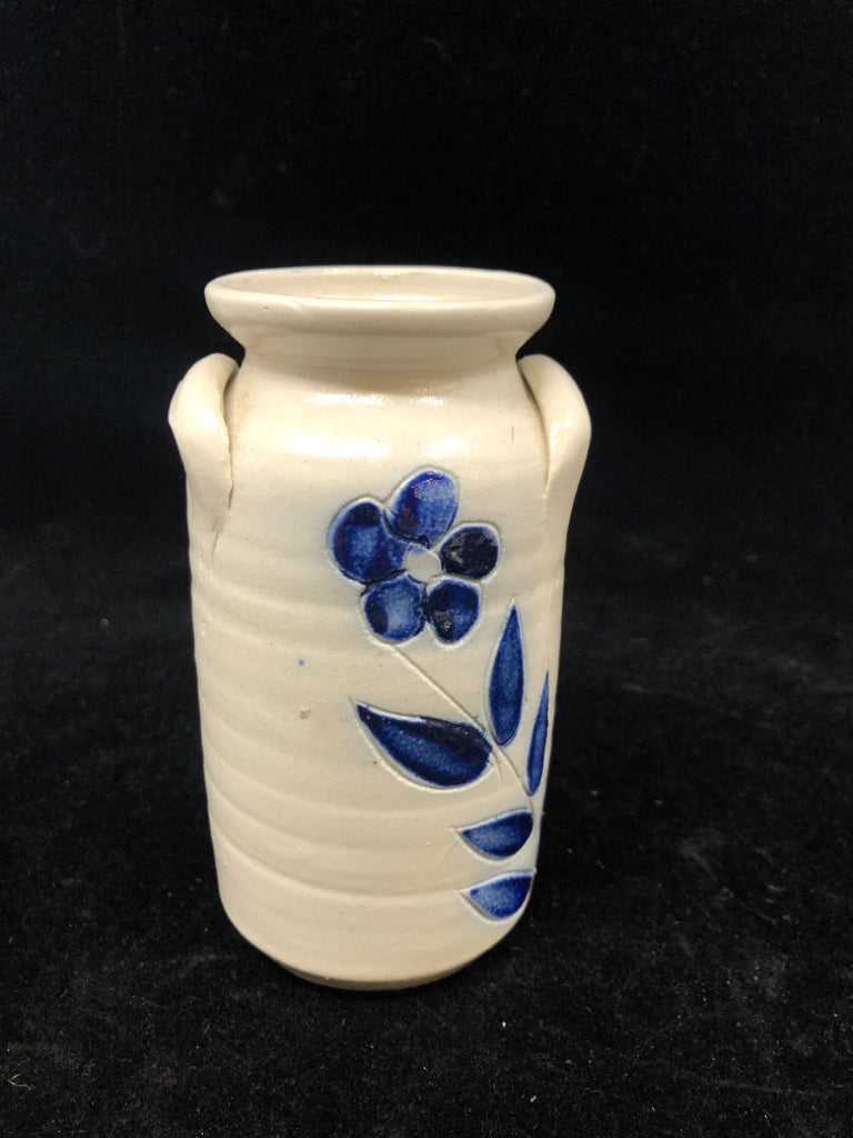 SMALL WHITE POTTERY VASE BLUE FLOWER AND LEAF DESIGN.