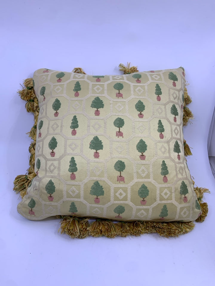 GOLD ACCENT PILLOW/STITCHED TREES AND GOLD TASSELS.