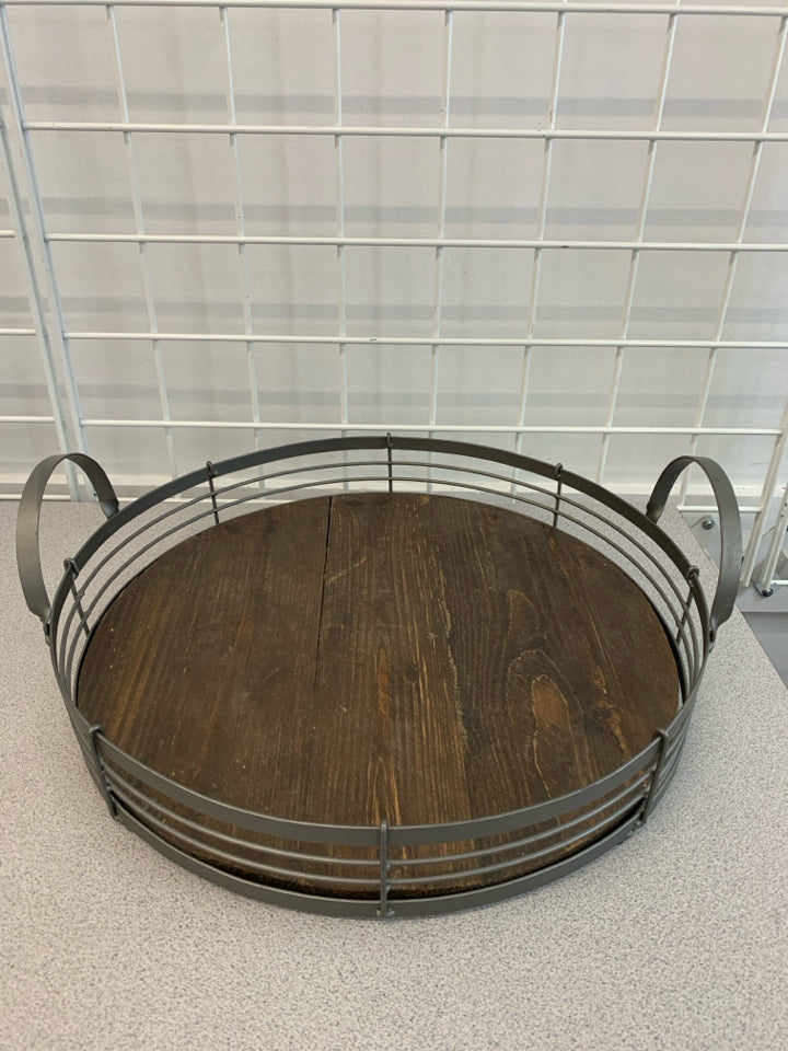 DARK WOOD TRAY W/METAL HANDLES/FRAME.