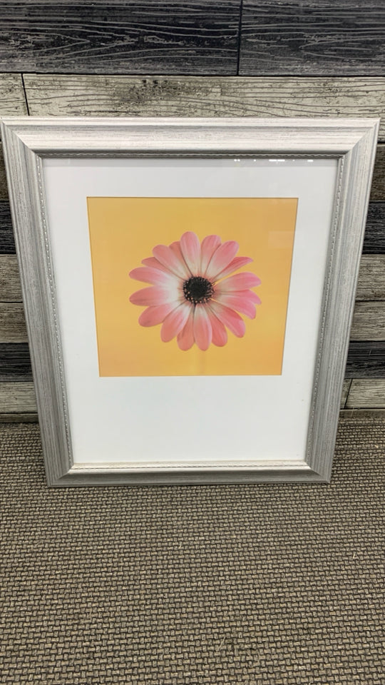 PINK DAISY W/YELLOW BG IN DISTRESSED WHITE FRAME.