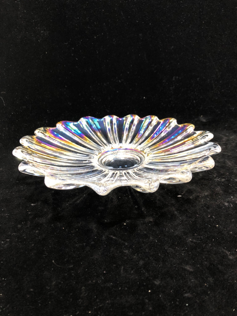 IRIDESCENT RUFFLED GLASS CANDLE PLATE.