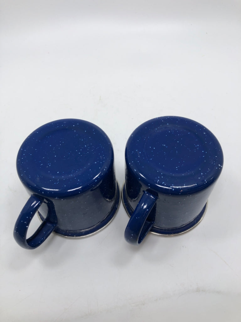 2 BLUE SPECKLED METAL MUGS.