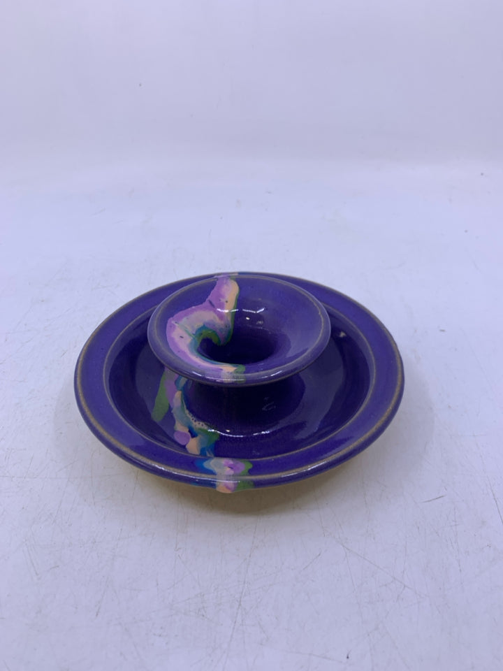PURPLE POTTERY TAPERED W/ COLORFUL LINE.