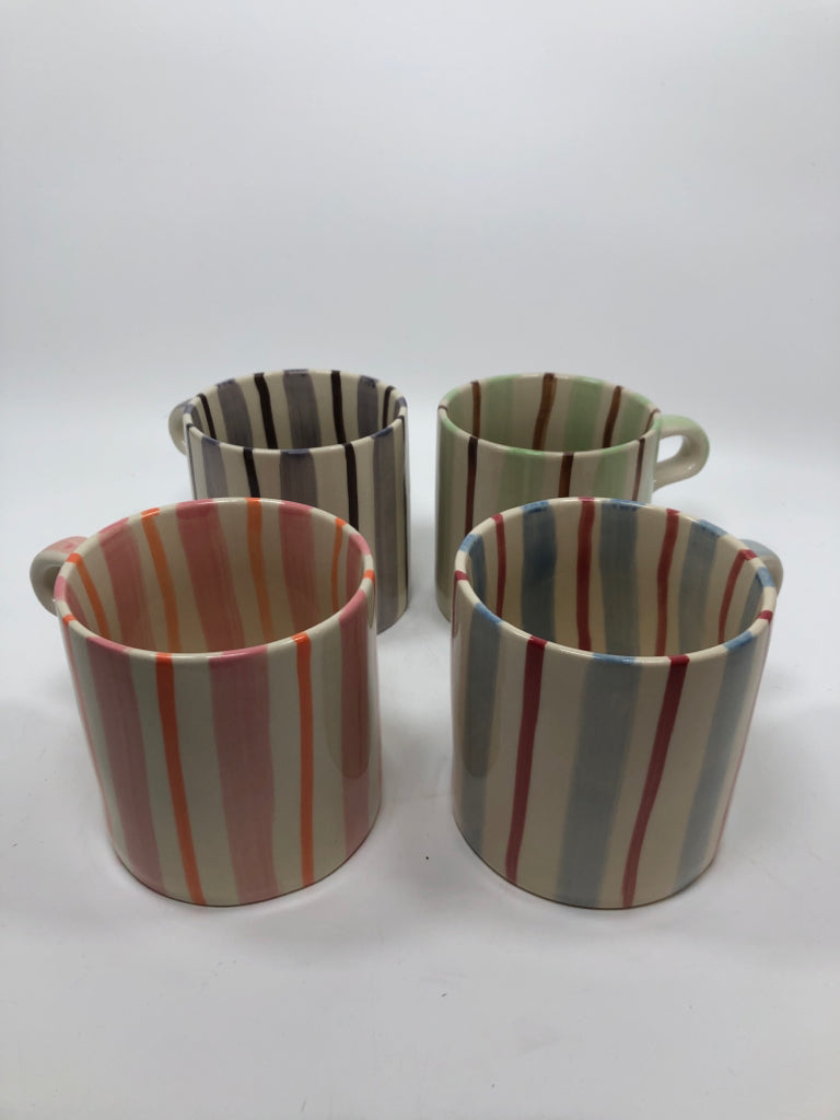 4 MULTI-COLOR STRIPED GLAZE MUGS.
