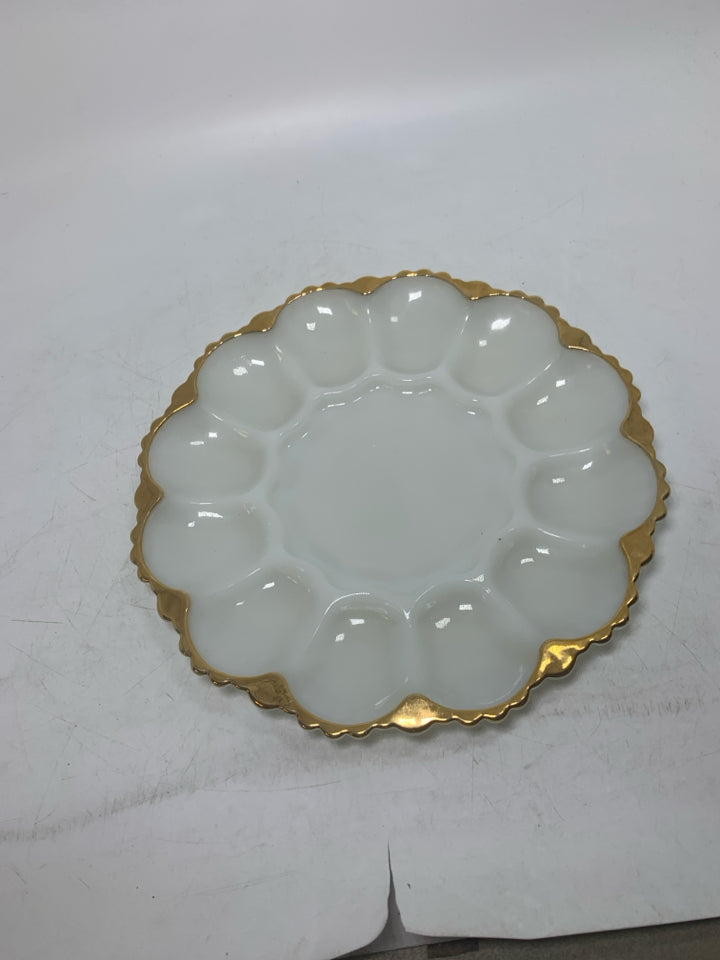 VTG MILK GLASS DEVILED EGG PLATTER SCALLOP EDGE GOLD.