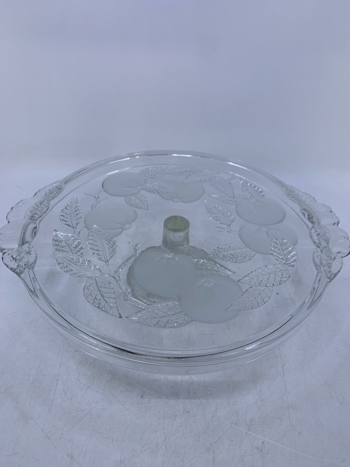 HEAVY FOOTED GLASS CAKE STAND W/ FROSTED EMBOSSED TOMATOES.
