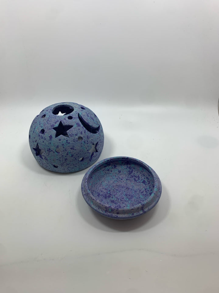 BLUE TEXTURED 2PC STAR AND MOON CUT OUT CANDLE LANTERN.