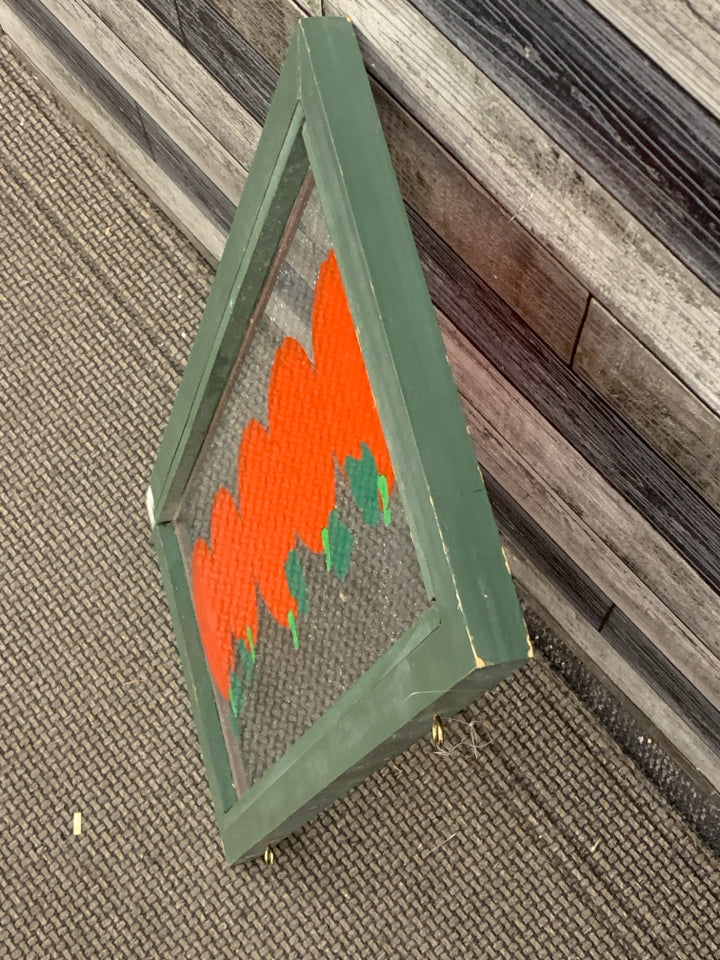 JACK O LANTERNS PAINTED GLASS IN GREEN WOOD FRAME.