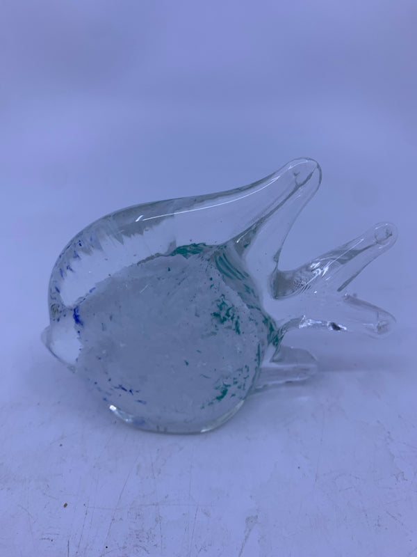 FISH GLASS PAPER WEIGHT W WHITE BLUE AND GREEN.