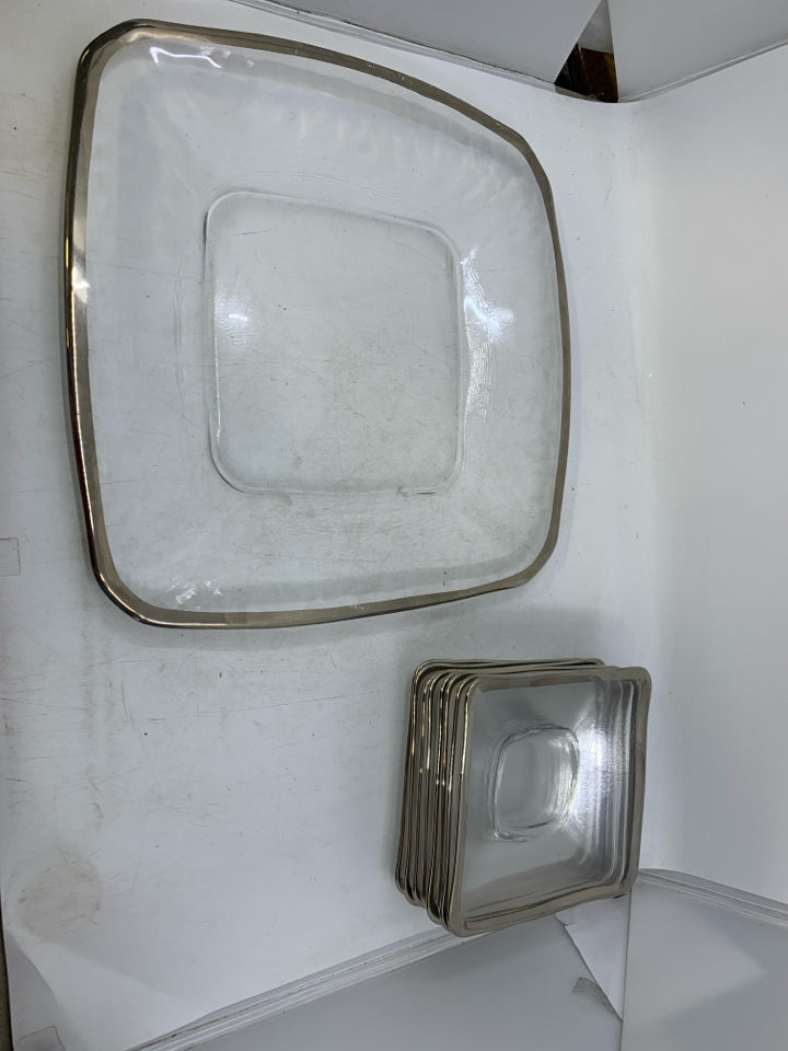 9 PC CLEAR GLASS SQUARE W/ SILVER RIM W/ LG SERVING PLATTER.