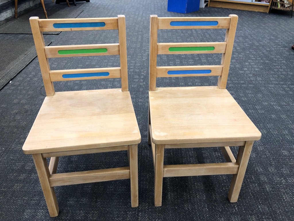 2 WOODEN KIDS CHAIRS W/GREEN & BLUE ACCENTS.