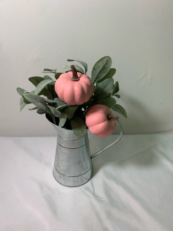GALVANIZED PITCHER W/ FAUX PINK PUMPKINS BOUQUET.