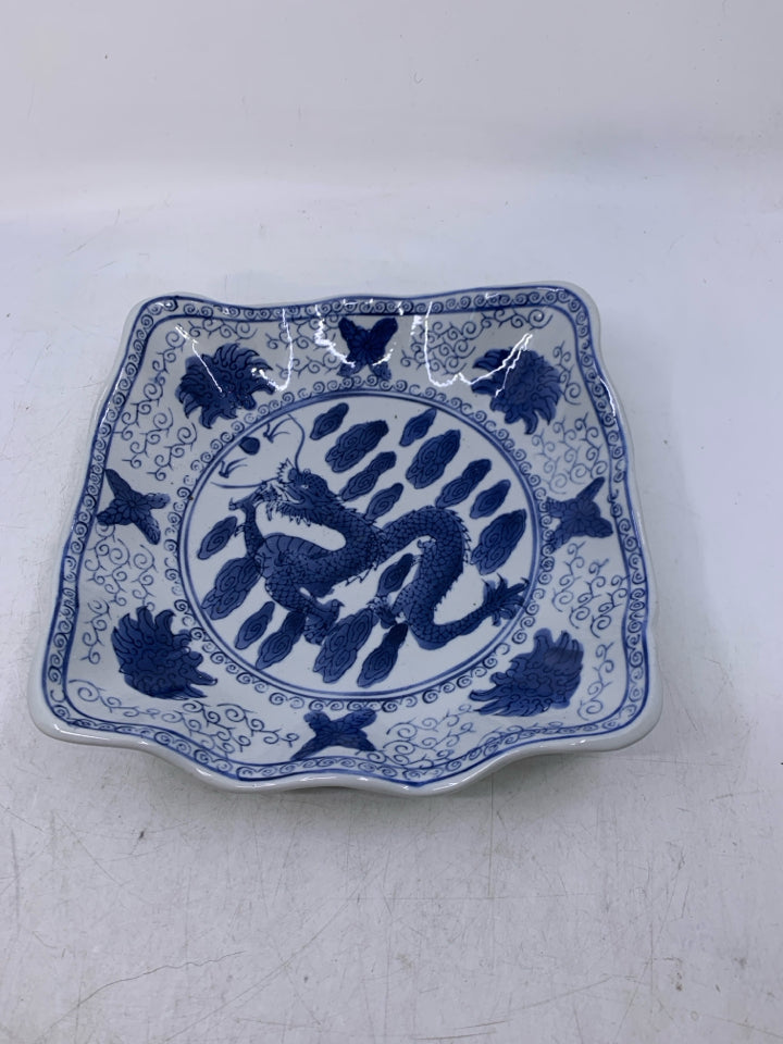 SQUARE LIFTED EDGES WHITE BOWL W/ BLUE DRAGON.