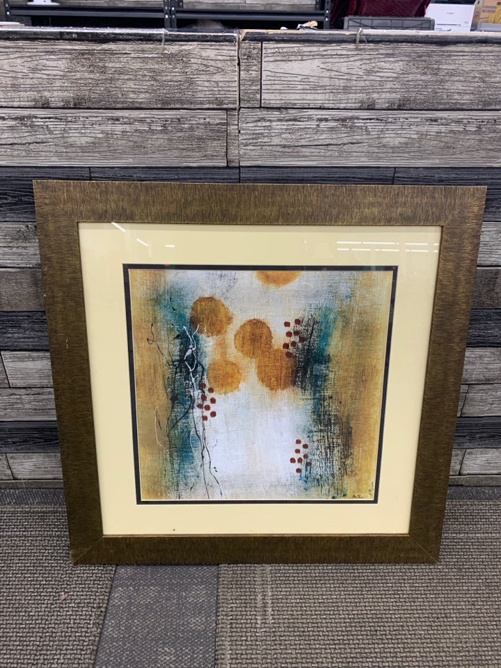 TEAL AND GOLD ABSTRACT PRINT IN BROWN FRAME.