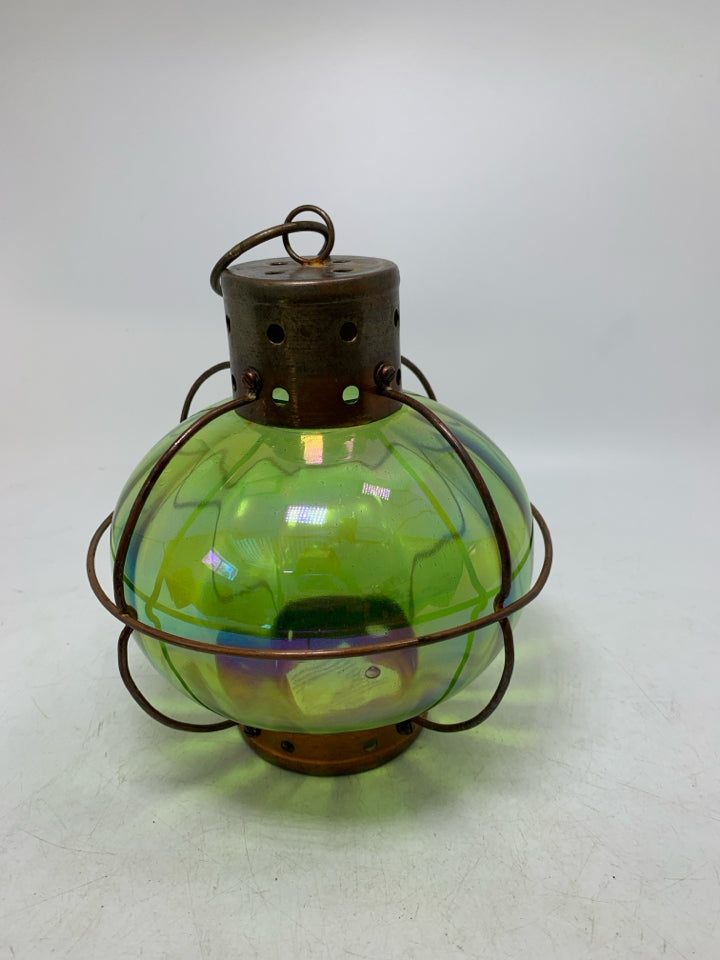 GREEN GLASS TEA LIGHT LANTERN W/ METAL DOME.