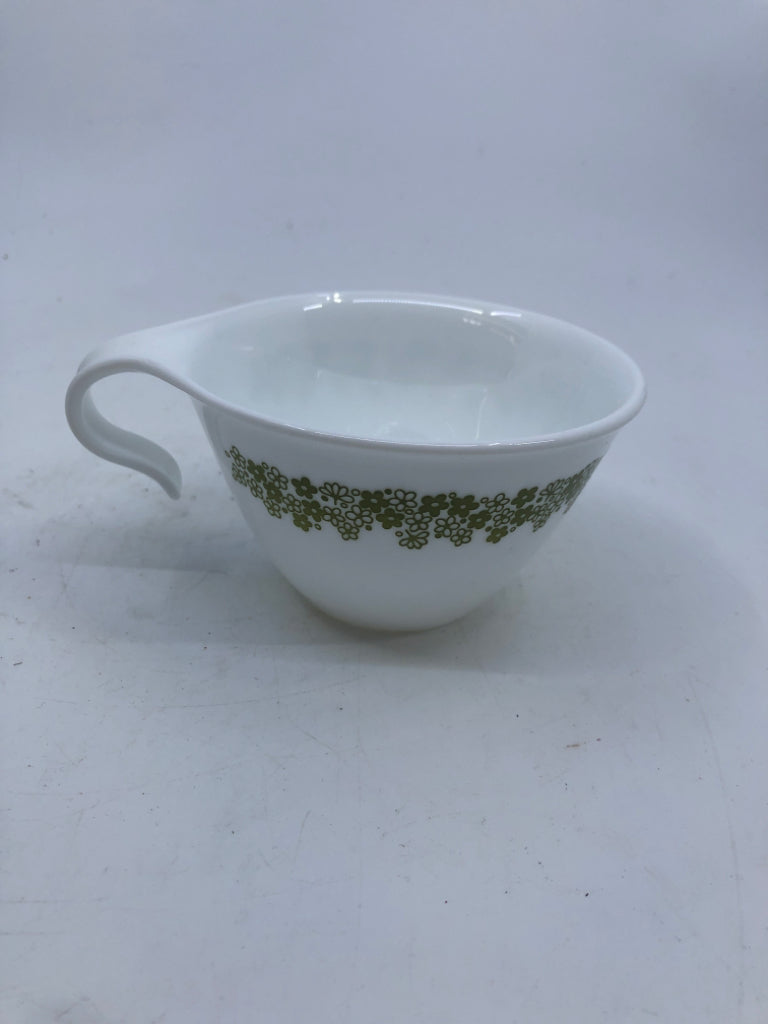 6 CORELLE GREEN FLOWER CUPS W/ CURVED HANDLE.