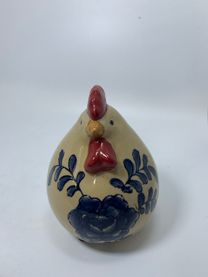 TAN CERAMIC CHICKEN W/ BLUE PAINTED ROSE.
