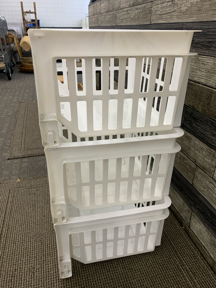 3TIER STACKING WHITE PLASTIC STORAGE BINS.