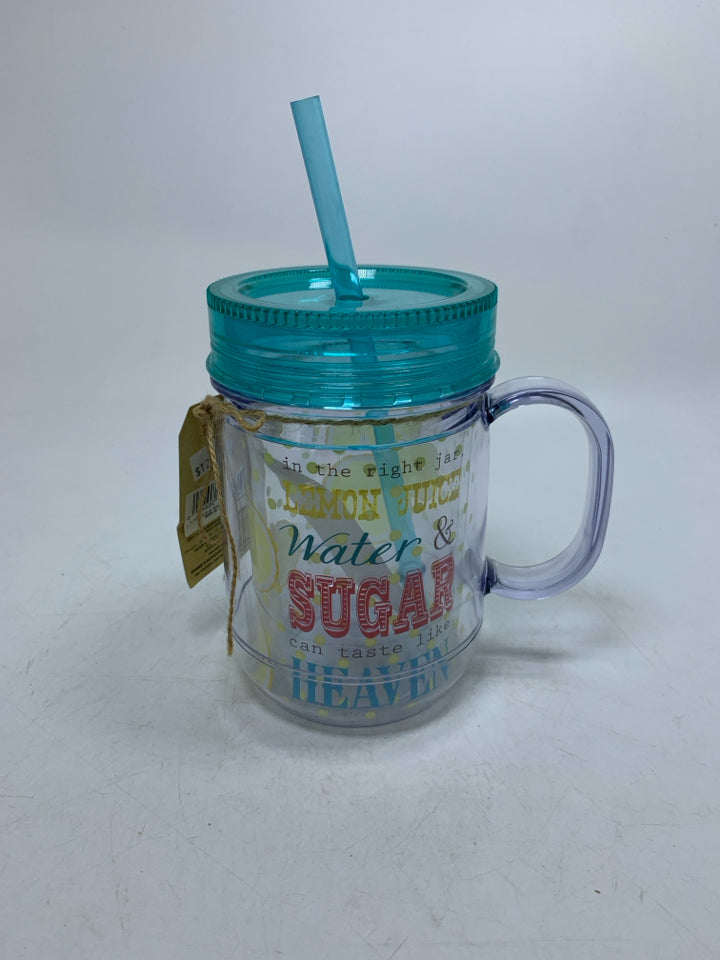 NEW PLASTIC LEMON PATTERN MASON JAR W/ STRAW CUP.