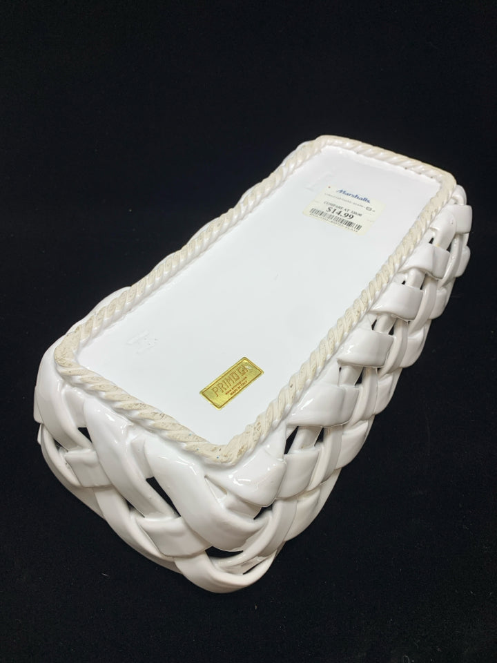 WHITE CERAMIC BASKET WEAVE DISH.