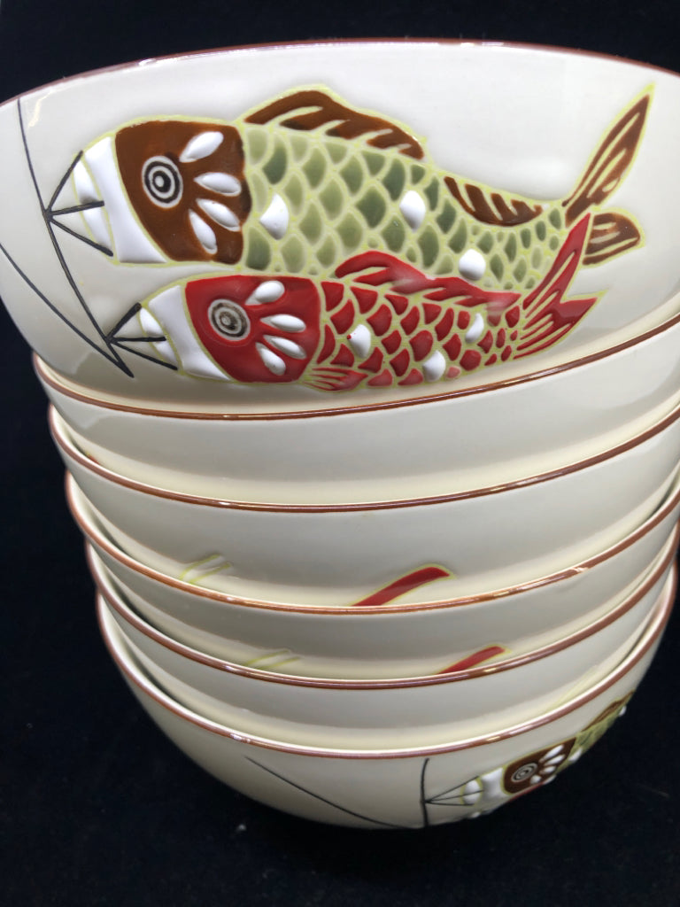 24 PC WHITE FISH PAINTED RAMEN BOWL SET - 6 LARGE BOWLS, 6 SMALL BOWLS, 6 SOY SA