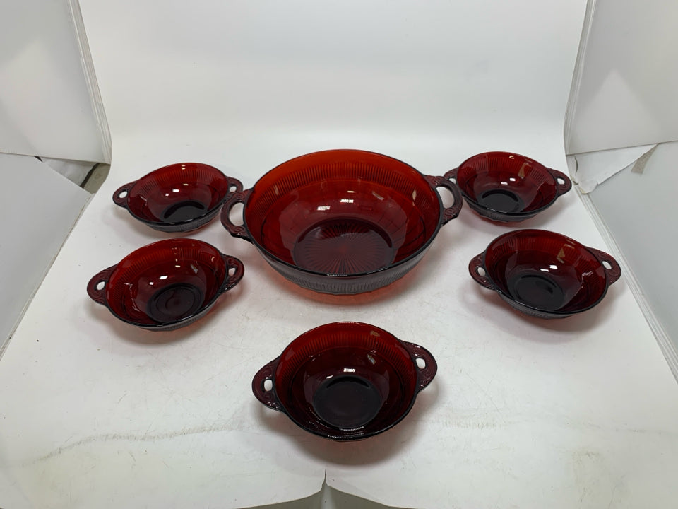6 PC VTG RUBY RED BERRY BOWLS W/ HANDLES .