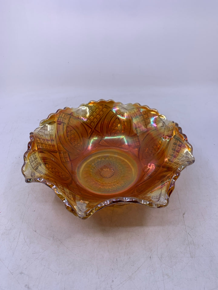 ORANGE CARNIVAL GLASS CUT GLASS BOWL W/ FLARED EDGES.