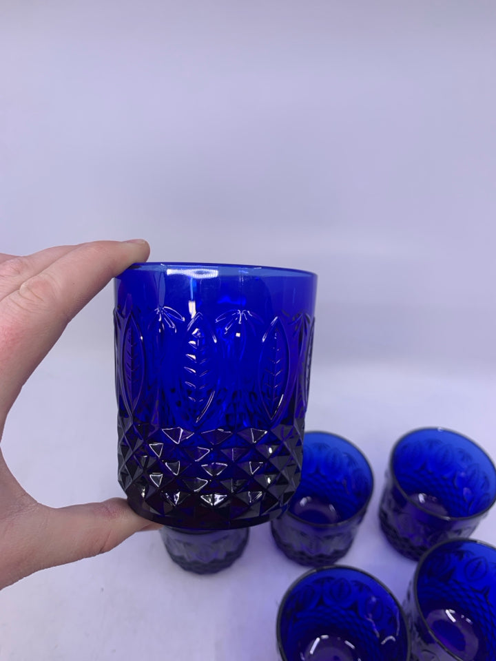 6 SHORT COBALT BLUE EMBOSSED DESIGNS GLASSES.