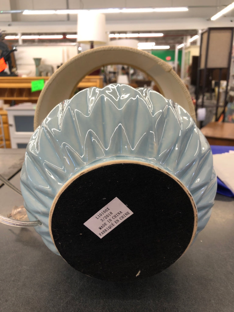 ROUND TEAL LAMP W TAN SHADE.