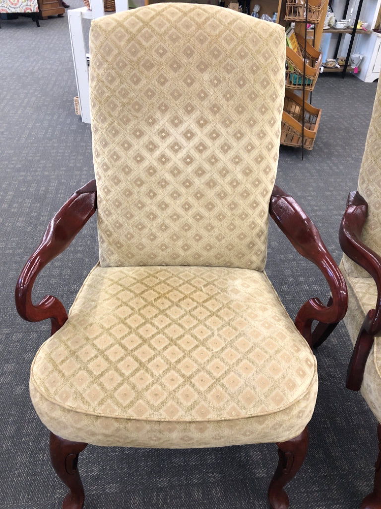 2 TAN FABRIC ACCENT CHAIRS W/WOOD ARM RESTS AND LEGS.
