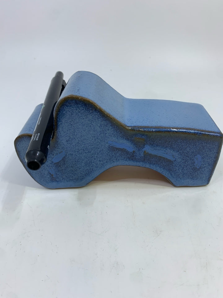 BLUE GLAZED POTTERY ABSTRACT PEN HOLDER.