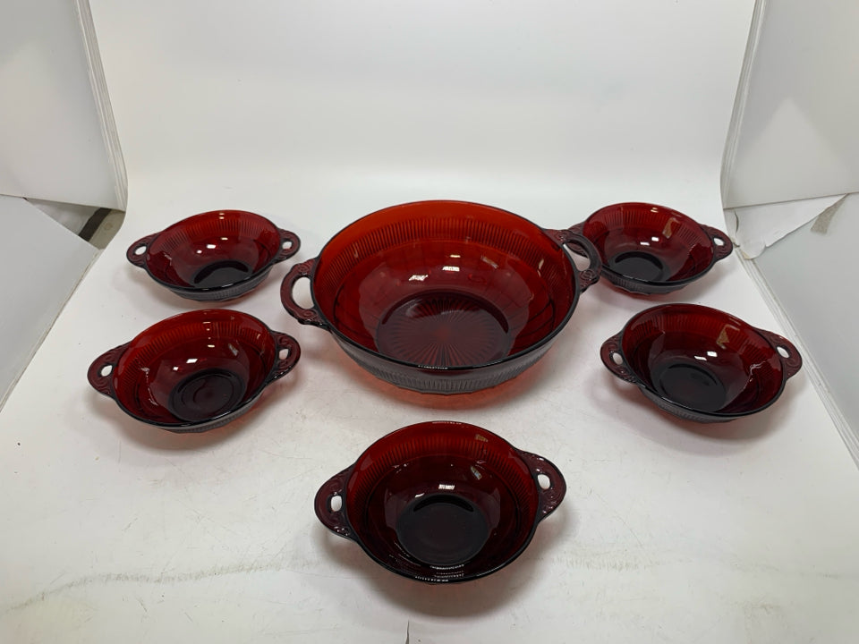 6 PC VTG RUBY RED BERRY BOWLS W/ HANDLES .