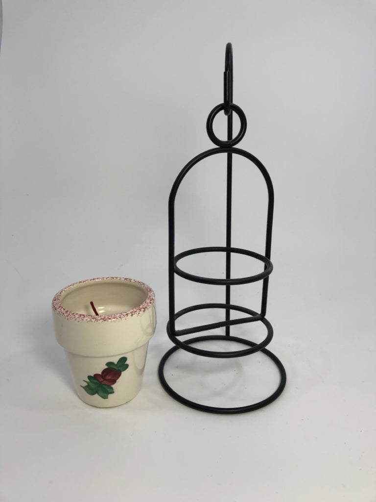PRIMITIVE VOTIVE CANDLE HOLDER W/METAL BASE,WHITE POT&FLOWER DESIGN.