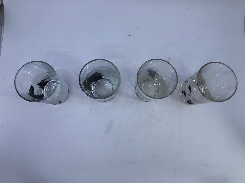 4 HAND PAINTED DOG GLASSES.