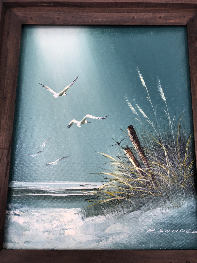 FLYING SEAGULLS BY SHORE FRAMED PAINTING.