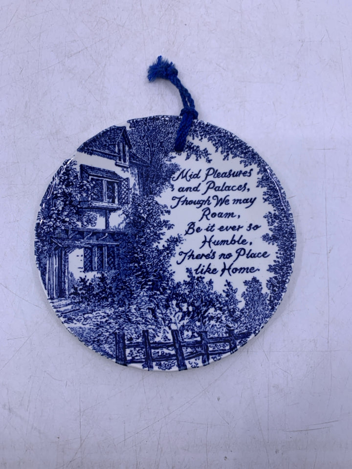 BLUE/WHITE IRONSTONE MID PLEASURES SAYING WALL HANGING.