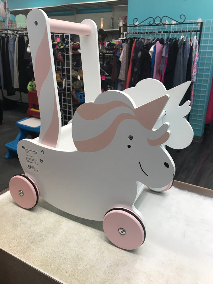 Moover Danish Wooden Pink White Unicorn Baby Doll Carriage Wheel Stroller Pram